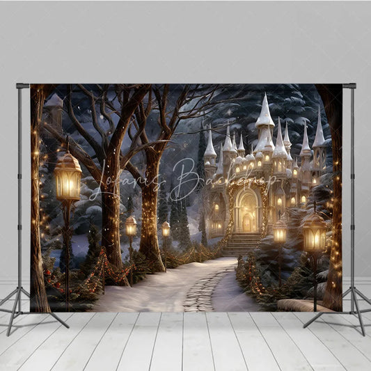 Lofaris Magical Winter Wonderland Castle Photography Backdrop Enchanting Snowy Forest Illuminated Lanterns and Festive Lights