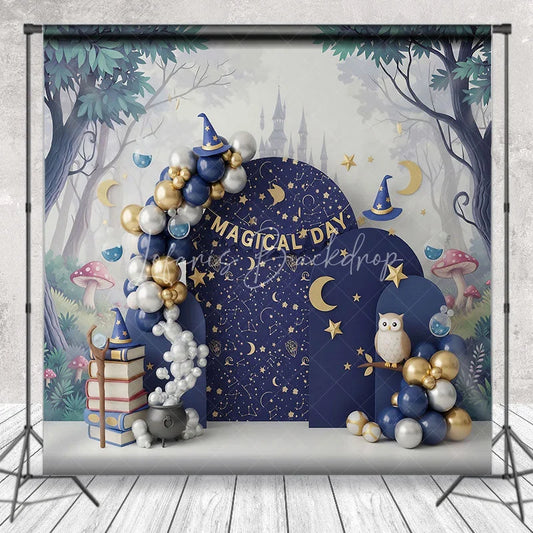 Lofaris Magical Wizard Arch Backdrop Navy Blue Moon and Stars Night Sky Photography Background for Birthday Party