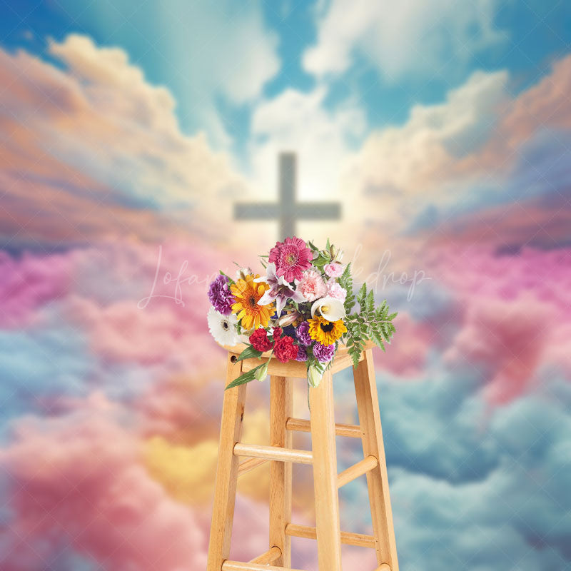 Lofaris Magnificent Rainbow Clouds Cross Easter Backdrop