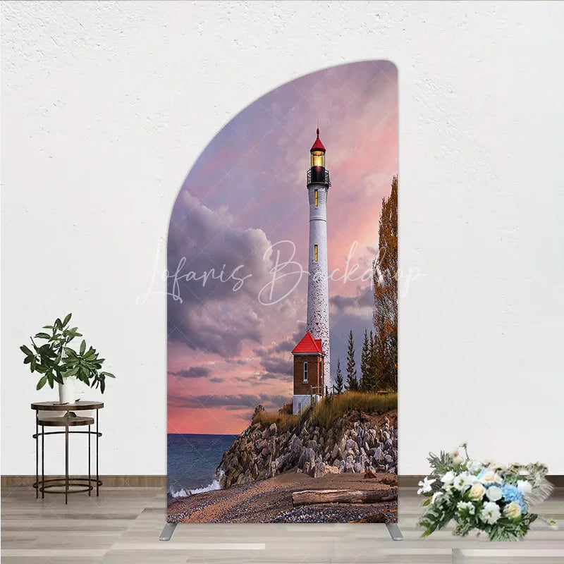 Lofaris Majestic Lighthouse Half Moon Arch Backdrop Scenic Sunset Ocean Beach with Autumn Trees Photography Decor