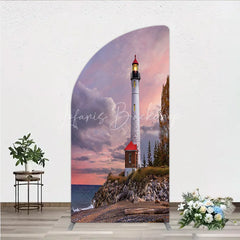 Lofaris Majestic Lighthouse Half Moon Arch Backdrop Scenic Sunset Ocean Beach with Autumn Trees Photography Decor