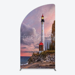 Lofaris Majestic Lighthouse Half Moon Arch Backdrop Scenic Sunset Ocean Beach with Autumn Trees Photography Decor