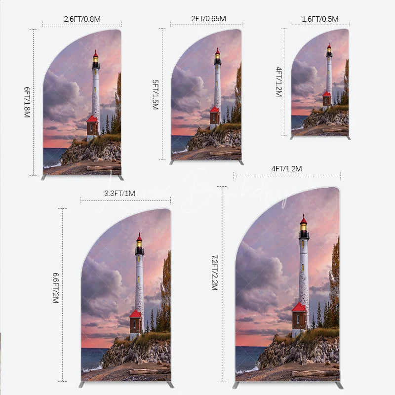 Lofaris Majestic Lighthouse Half Moon Arch Backdrop Scenic Sunset Ocean Beach with Autumn Trees Photography Decor