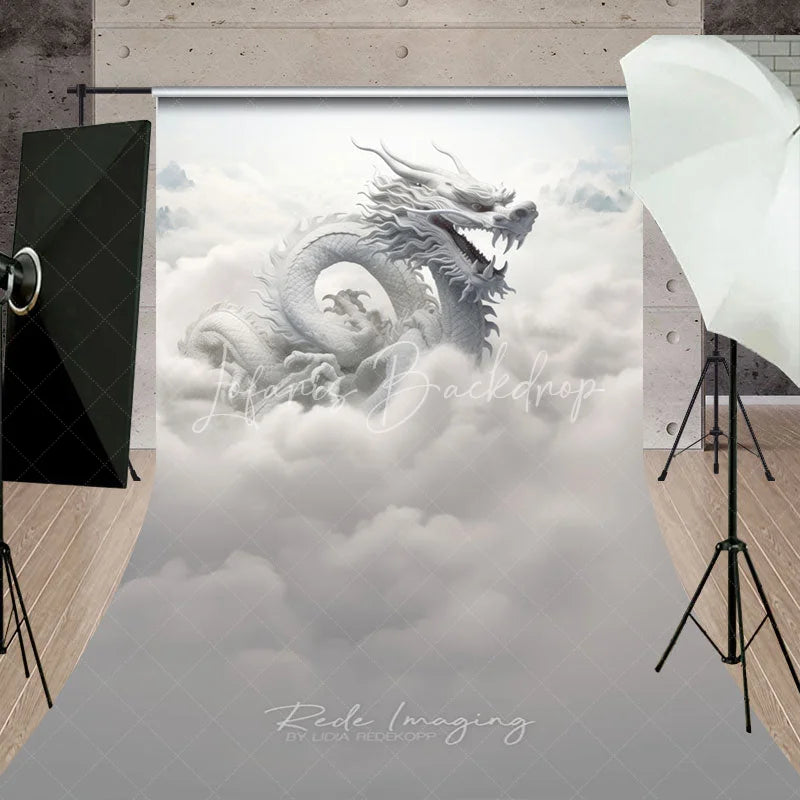Lofaris Majestic White Dragon in Ethereal Clouds Sweep Backdrop Mystical Fantasy Mountain Scene Photography Background