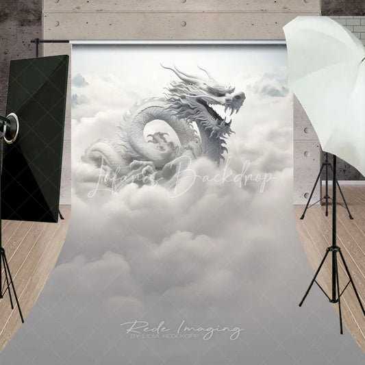 Lofaris Majestic White Dragon in Ethereal Clouds Sweep Backdrop Mystical Fantasy Mountain Scene Photography Background