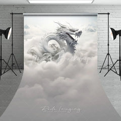 Lofaris Majestic White Dragon in Ethereal Clouds Sweep Backdrop Mystical Fantasy Mountain Scene Photography Background