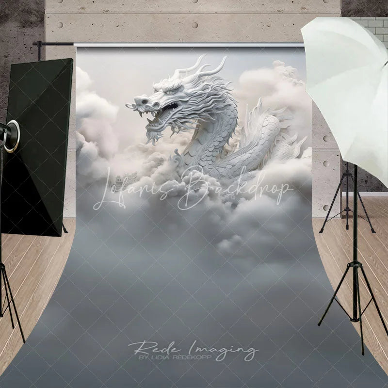 Lofaris Majestic White Dragon with Ethereal Clouds and Ancient Architecture Sweep Backdrop Mystical Fantasy Photography Decor