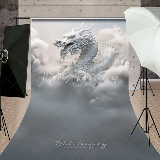 Lofaris Majestic White Dragon with Ethereal Clouds and Ancient Architecture Sweep Backdrop Mystical Fantasy Photography Decor