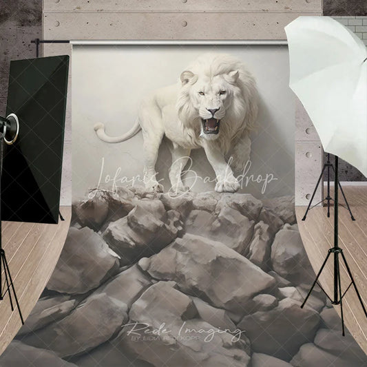 Lofaris Majestic White Lion Roaring on Cracked Wall and Rocky Terrain Sweep Backdrop Dramatic Wildlife Portrait Photography