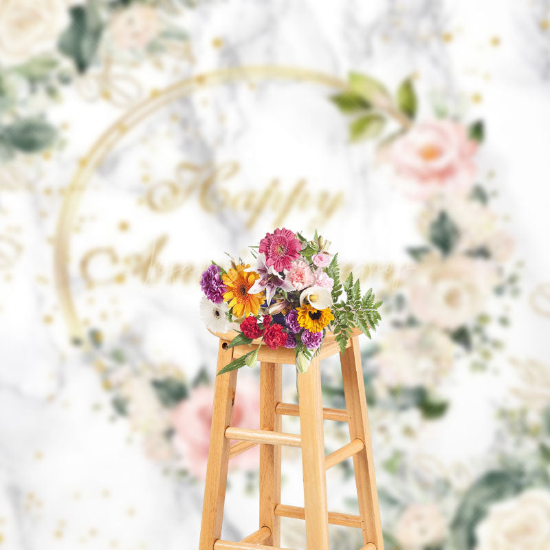 Lofaris Marble Floral Greenery Happy Anniversary Backdrop