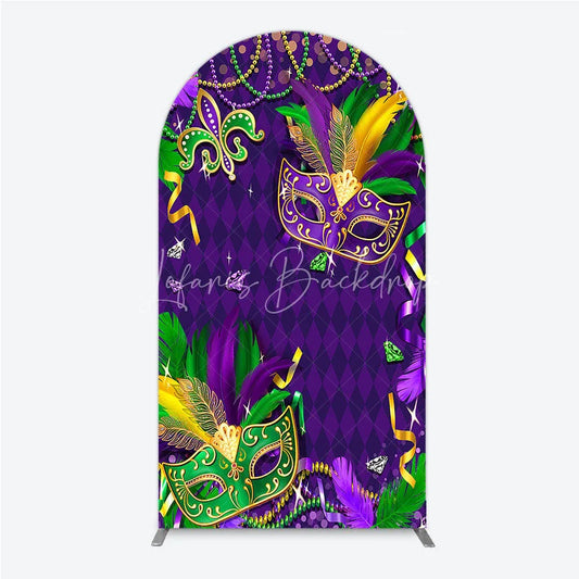 Lofaris Mardi Gras Masquerade Mask Arch Backdrop Kit Festive Carnival Party Decor Purple and Gold Feather Theme