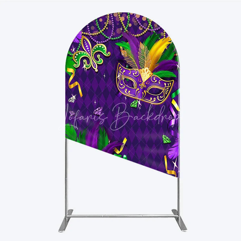 Lofaris Mardi Gras Masquerade Mask Arch Backdrop Kit Festive Carnival Party Decor Purple and Gold Feather Theme