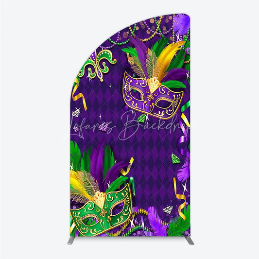 Lofaris Mardi Gras Masquerade Mask Half Moon Arch Backdrop Kit Festive Carnival Party Decor Purple and Gold Feather Theme