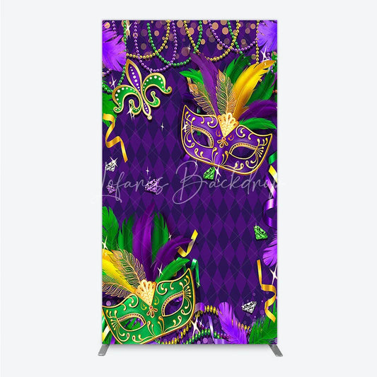 Lofaris Mardi Gras Masquerade Mask Rectangle Backdrop Kit Festive Carnival Party Decor Purple and Gold Feather Theme