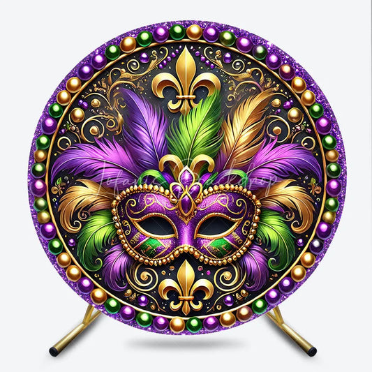 Lofaris Mardi Gras Round Backdrop Purple Green Gold Feathers Masquerade Mask Background Carnival Party Circle Cover Decoration