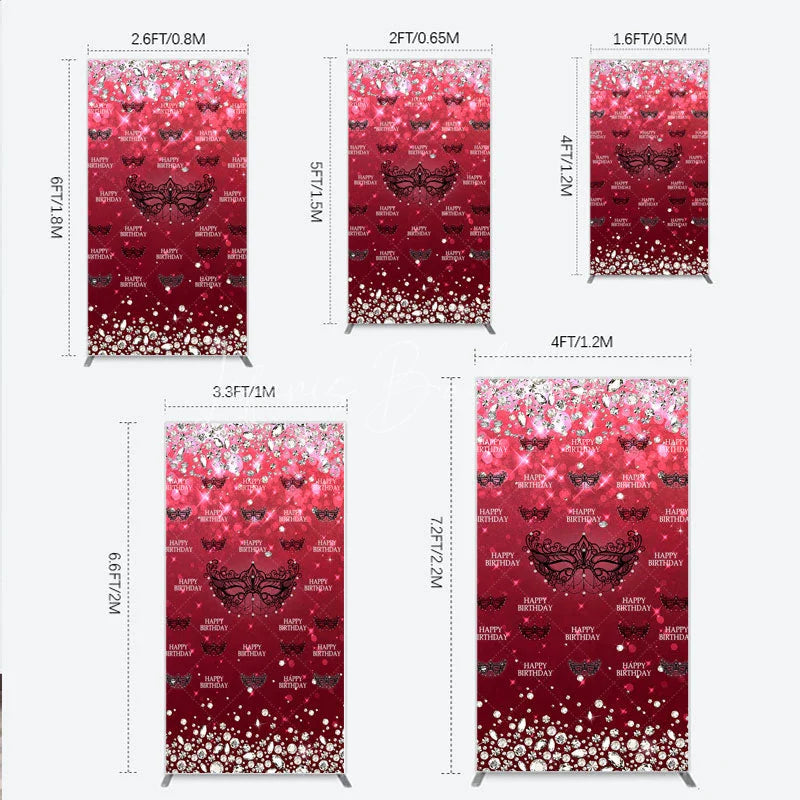 Lofaris Masquerade Ball Birthday Rectangle Backdrop Red and Black Venetian Mask with Diamonds Sweet 16 Party Decor