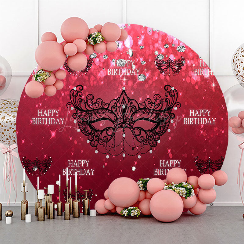 Lofaris Masquerade Ball Birthday Round Backdrop Red and Black Venetian Mask with Diamonds Sweet 16 Party Decor