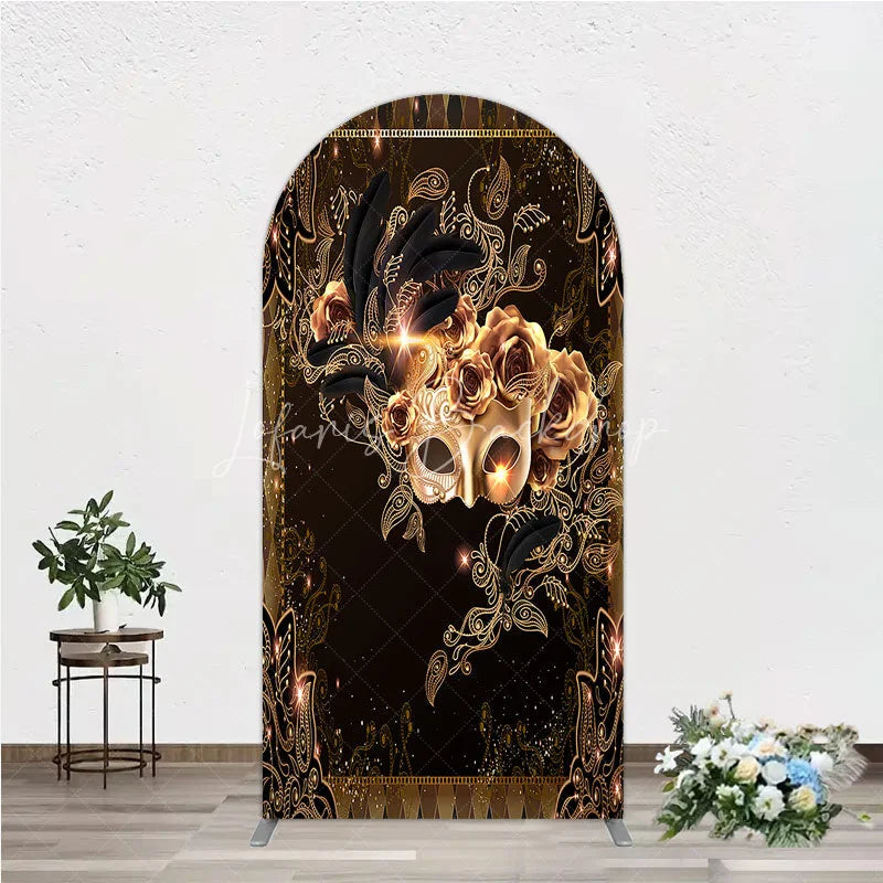 Lofaris Masquerade Mask Arch Backdrop Black Gold Feathers Roses Background Carnival Prom Party Cover Photography Prop