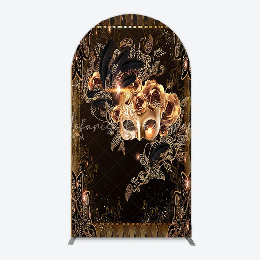 Lofaris Masquerade Mask Arch Backdrop Black Gold Feathers Roses Background Carnival Prom Party Cover Photography Prop