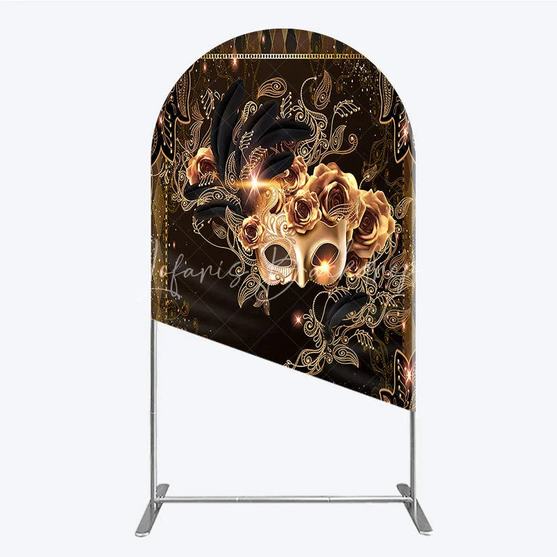 Lofaris Masquerade Mask Arch Backdrop Black Gold Feathers Roses Background Carnival Prom Party Cover Photography Prop