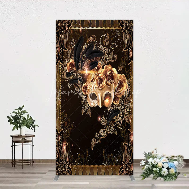 Lofaris Masquerade Mask Rectangle Backdrop Black Gold Feathers Roses Background Carnival Prom Party Cover Photography Prop