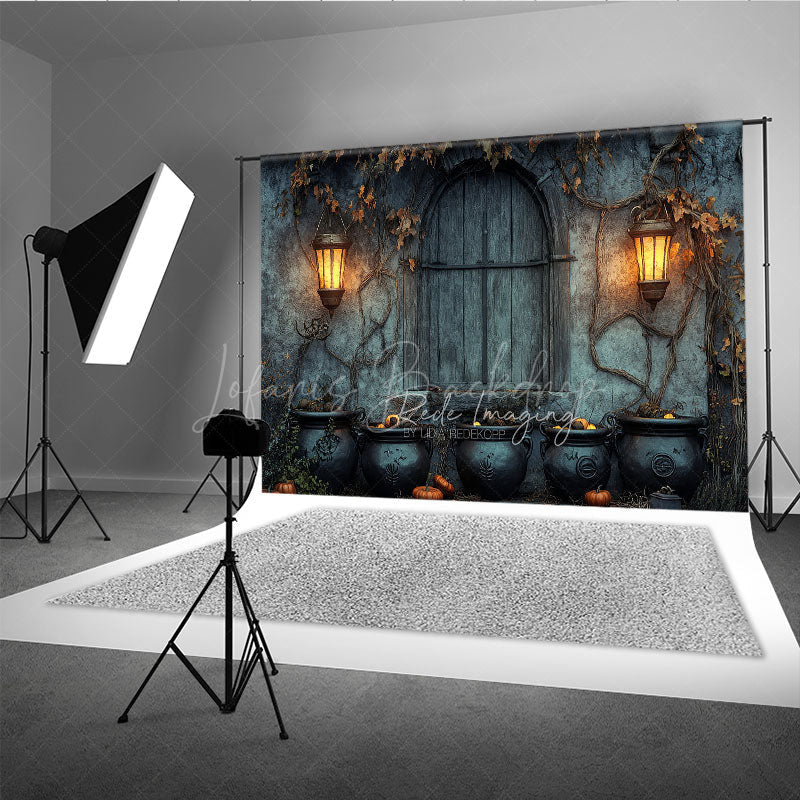 Lofaris Medieval Dungeon Wall Photography Backdrop Spooky Witch’s Lair with Cauldrons Halloween Photo Background