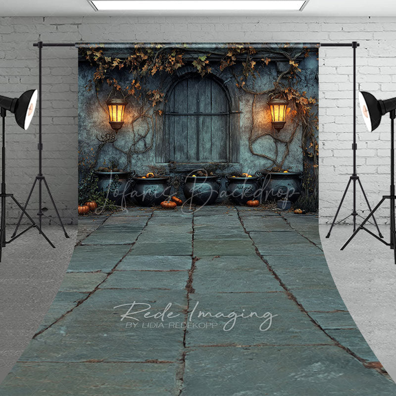 Lofaris Medieval Dungeon Wall Sweep Backdrop Spooky Witch’s Lair with Cauldrons Halloween Photo Studio Floor Drop
