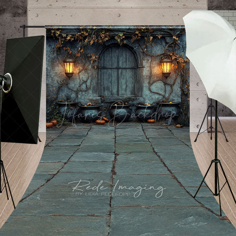 Lofaris Medieval Dungeon Wall Sweep Backdrop Spooky Witch’s Lair with Cauldrons Halloween Photo Studio Floor Drop