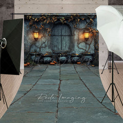 Lofaris Medieval Dungeon Wall Sweep Backdrop Spooky Witch’s Lair with Cauldrons Halloween Photo Studio Floor Drop