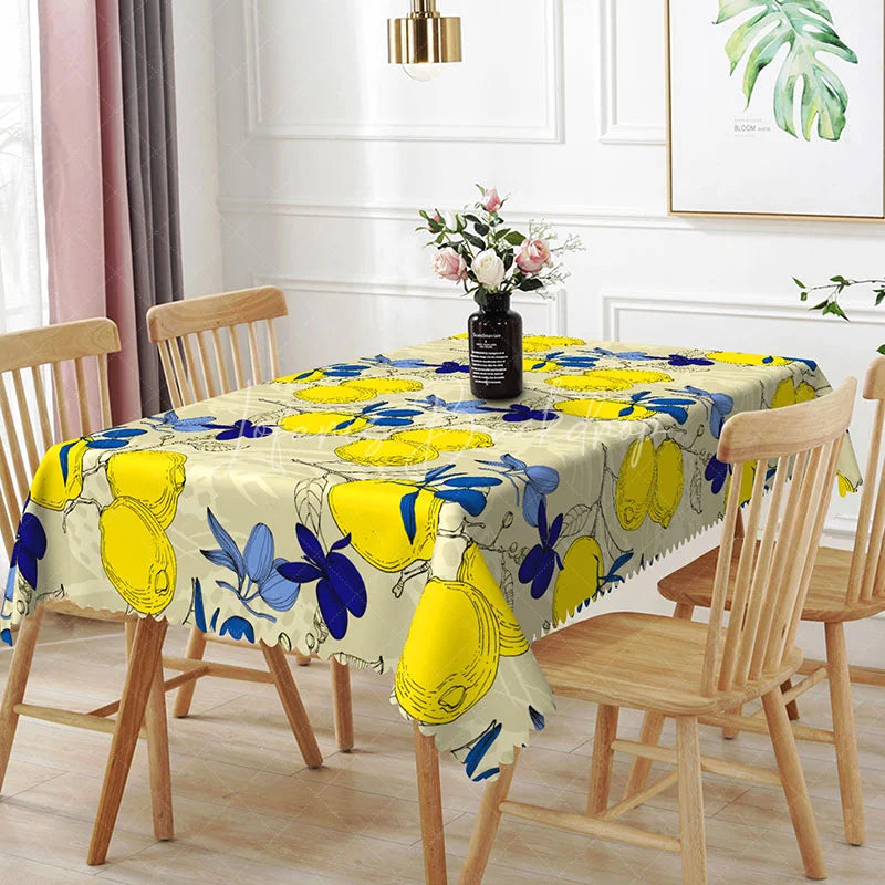 Lofaris Mediterranean Lemon and Blue Leaf Rectangle Tablecloth Sketch Style Fruit Table Cover Italian Dining Decor