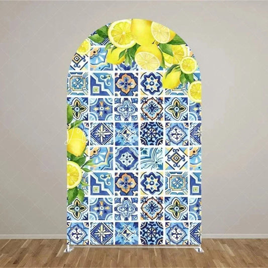Lofaris Mediterranean Lemon Arch Backdrop Blue Tile and Yellow Lemons Background Italian Style Wedding Cover
