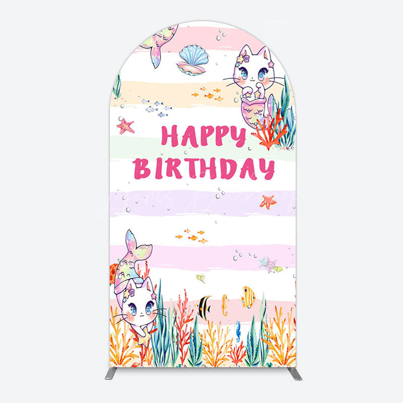 Lofaris Mermaid Cat Cartoon Happy Birthday Arch Backdrop