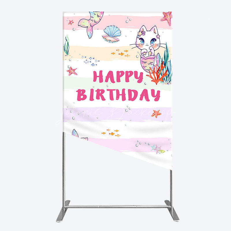 Lofaris Mermaid Cat Cartoon Happy Birthday Rectangle Backdrop