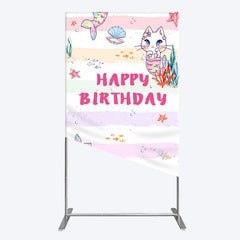 Lofaris Mermaid Cat Cartoon Happy Birthday Rectangle Backdrop