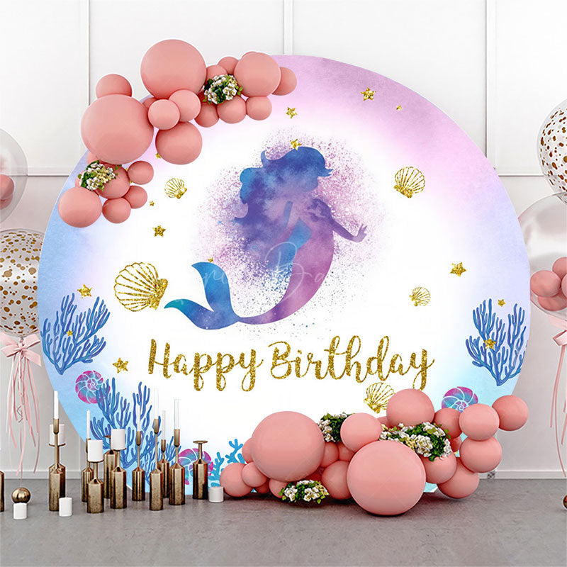 Lofaris Mermaid Coral Gold Glitter Round Birthday Backdrop