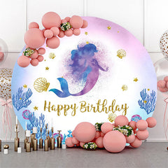 Lofaris Mermaid Coral Gold Glitter Round Birthday Backdrop