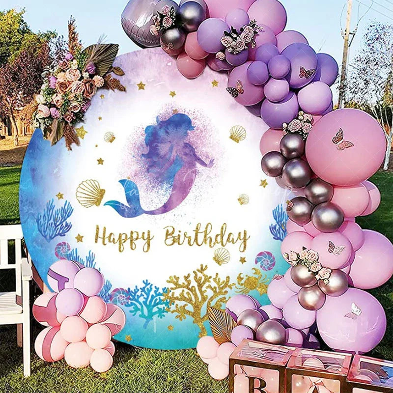 Lofaris Mermaid Coral Gold Glitter Round Birthday Backdrop