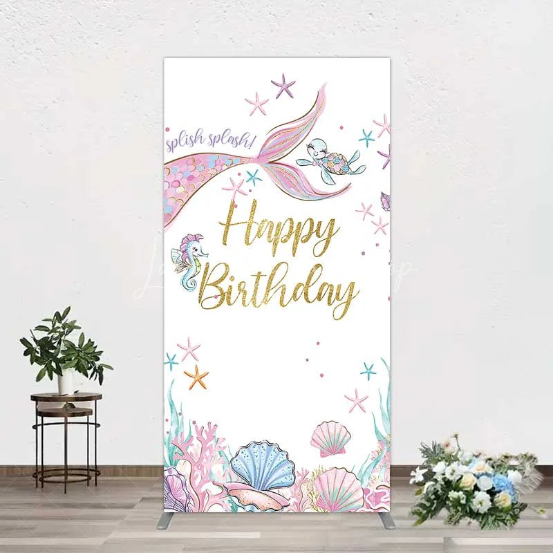 Lofaris Mermaid Happy Birthday Rectangle Backdrop Under the Sea Ocean Theme Girl Party Decoration