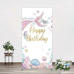 Lofaris Mermaid Happy Birthday Rectangle Backdrop Under the Sea Ocean Theme Girl Party Decoration