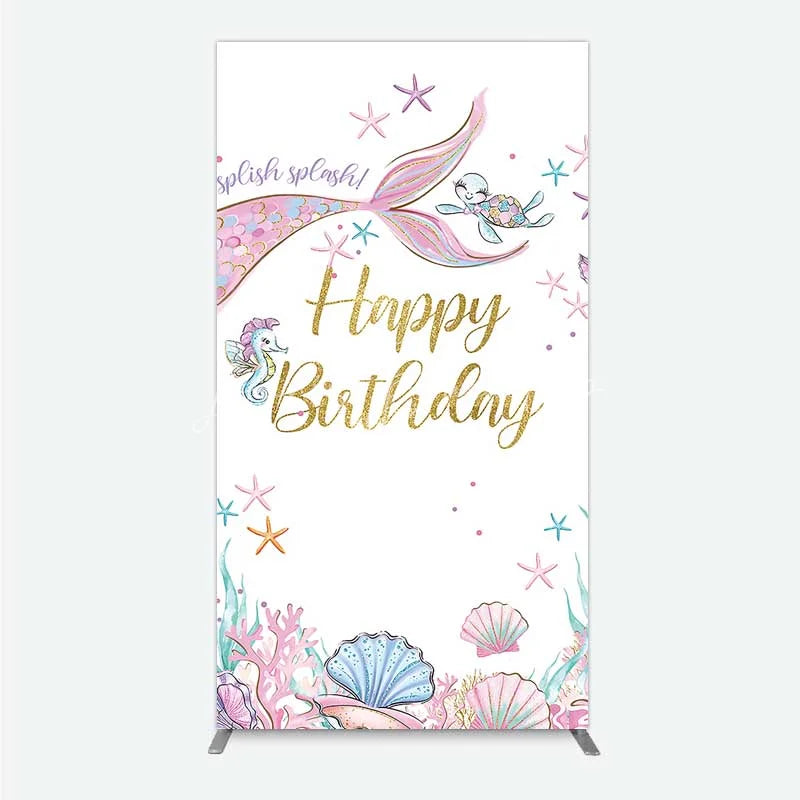 Lofaris Mermaid Happy Birthday Rectangle Backdrop Under the Sea Ocean Theme Girl Party Decoration