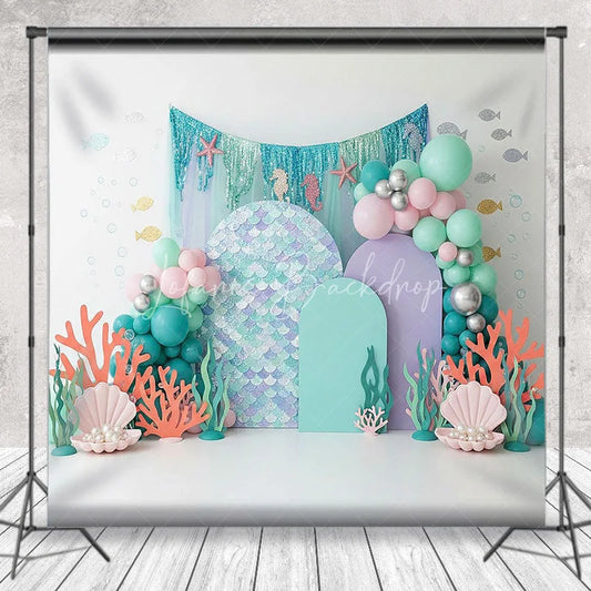 Lofaris Mermaid Scale Under the Sea Backdrop Pastel Coral and Shell for Birthday Cake Smash