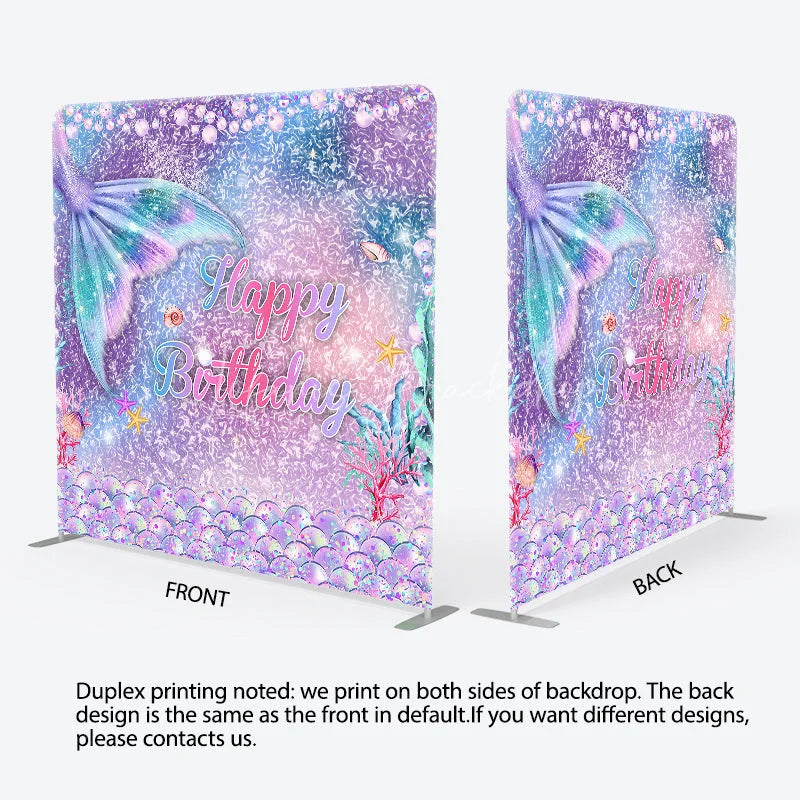 Lofaris Mermaid Tail Happy Birthday Double-Sided Tension Fabric Backdrop Under the Sea Party Glitter Photo Booth