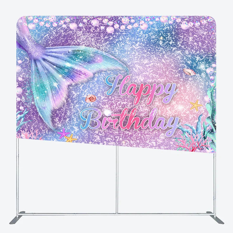 Lofaris Mermaid Tail Happy Birthday Double-Sided Tension Fabric Backdrop Under the Sea Party Glitter Photo Booth
