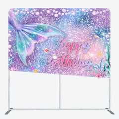 Lofaris Mermaid Tail Happy Birthday Double-Sided Tension Fabric Backdrop Under the Sea Party Glitter Photo Booth