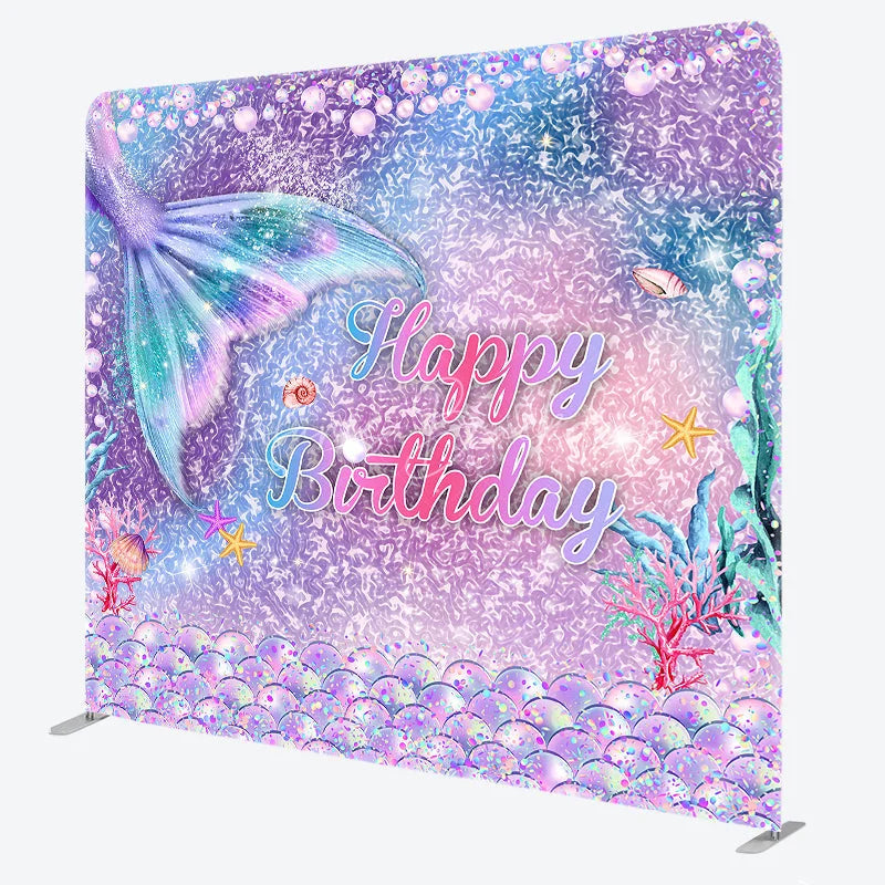 Lofaris Mermaid Tail Happy Birthday Double-Sided Tension Fabric Backdrop Under the Sea Party Glitter Photo Booth