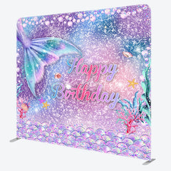 Lofaris Mermaid Tail Happy Birthday Double-Sided Tension Fabric Backdrop Under the Sea Party Glitter Photo Booth