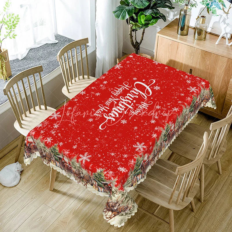 Lofaris Merry Christmas and Happy New Year Red Rectangle Tablecloth Snowy Village Scene Winter Holiday Dining Decor