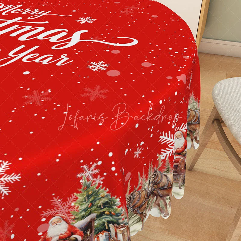 Lofaris Merry Christmas and Happy New Year Red Round Tablecloth Santa’s Sleigh Snowy Village Holiday Decor