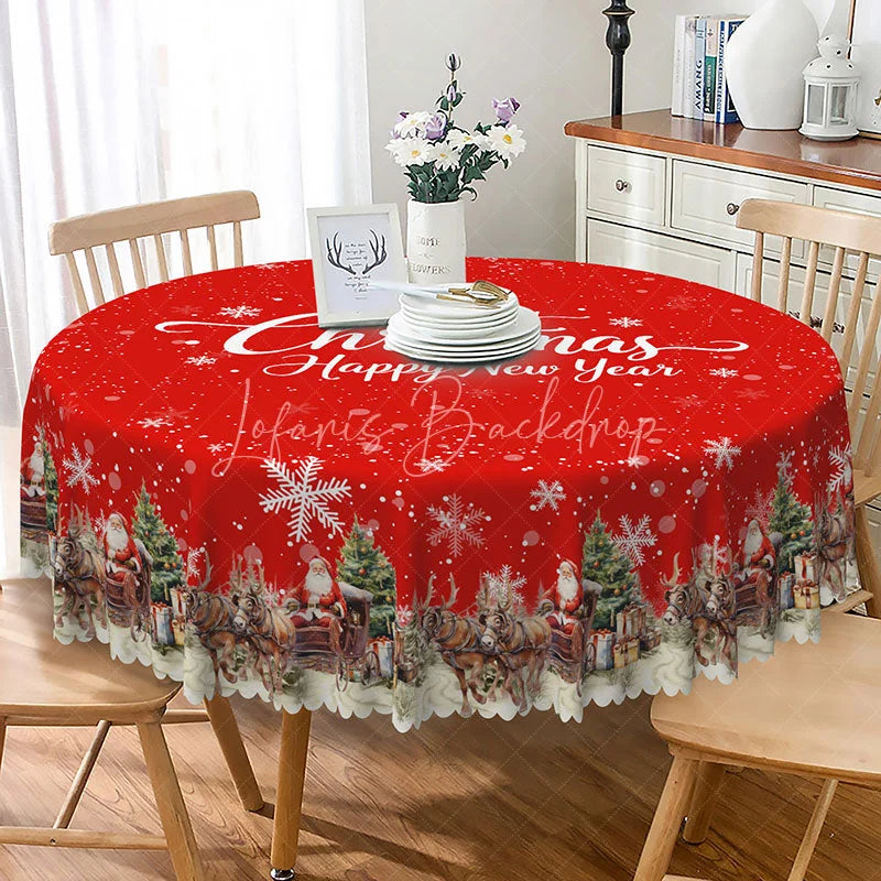 Lofaris Merry Christmas and Happy New Year Red Round Tablecloth Santa’s Sleigh Snowy Village Holiday Decor