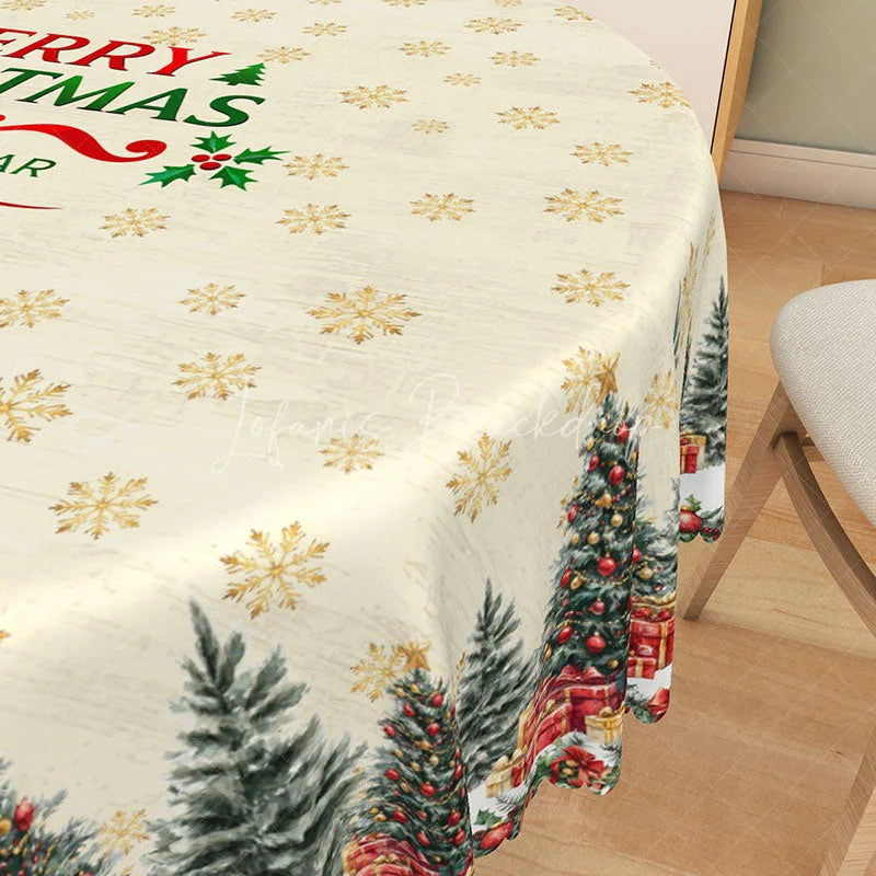 Lofaris Merry Christmas and Happy New Year Round Tablecloth Creamy Beige with Trees Snowflake Holiday Decor